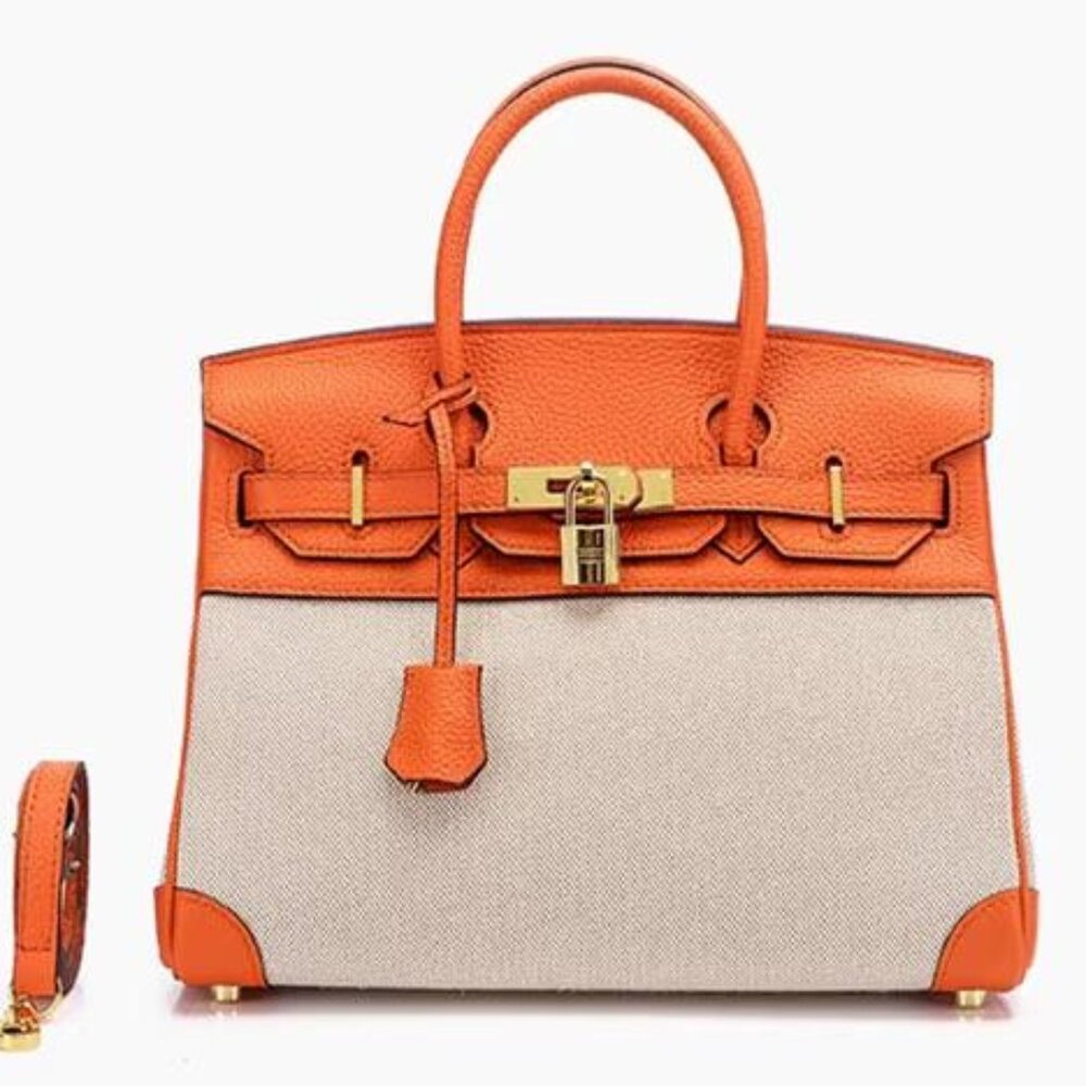 Luxury-Genuine Togo Leather/Canvas Designer Shoulder Bag (Bright Orange)